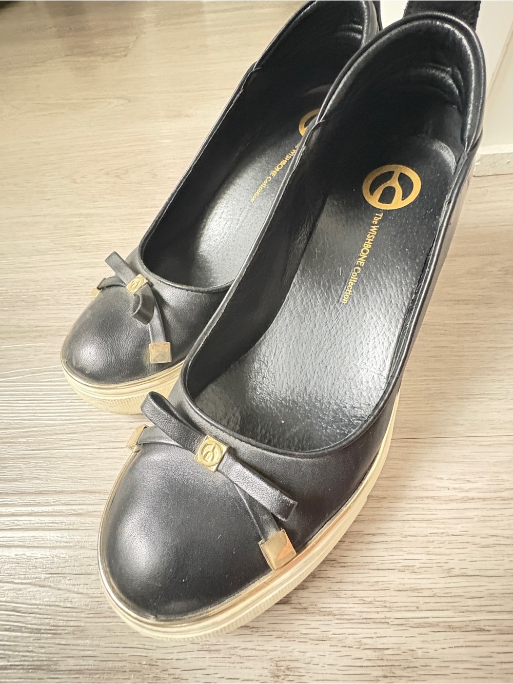 Wishbone Round Toe Wedge Leather Shoe Women's Black Platform Ballet Size 9 - Picture 12 of 15